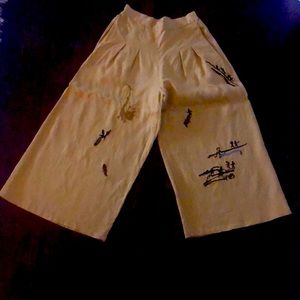 Embroidery Wide Leg Cropped Palazzo Pants Linen Ethnic Capri Trousers